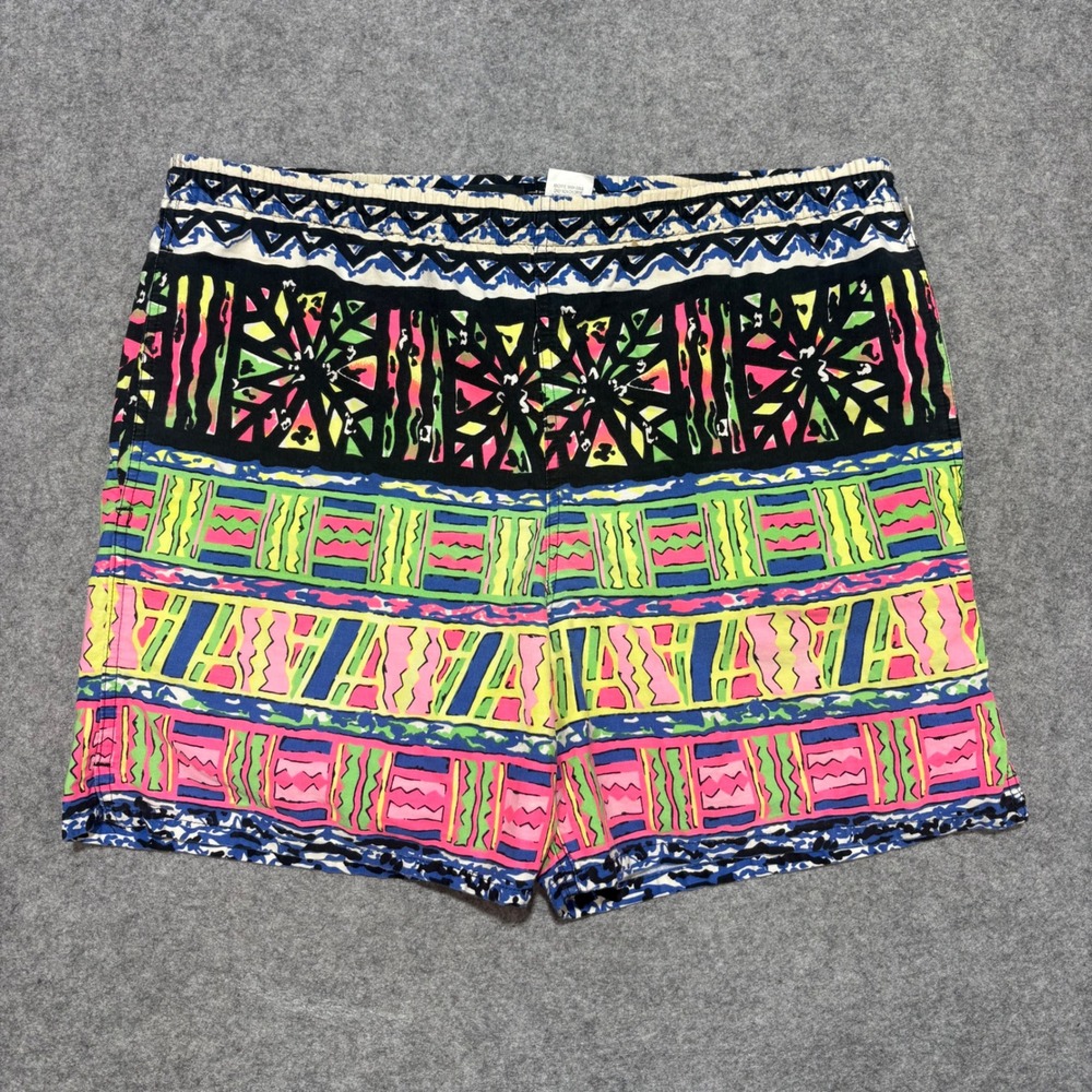 Vintage Hobie Mens Swim Trunks Large Neon Geometric Tribal Print Mesh Lined 90s